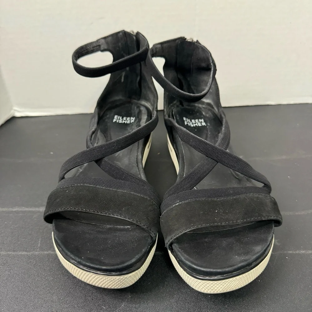 Eileen Fisher Sola Black Nubuck Criss Cross Ankle Strap Heel Zipper Sandals